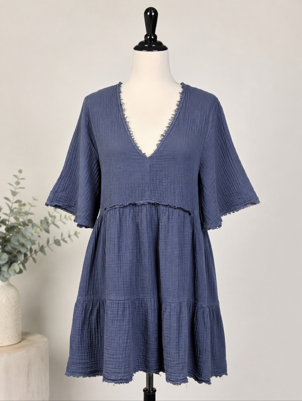 Stark X Dress Womens Blue Cotton Gauze V Neck Raw Hem Tiered Boho Mini Dress S